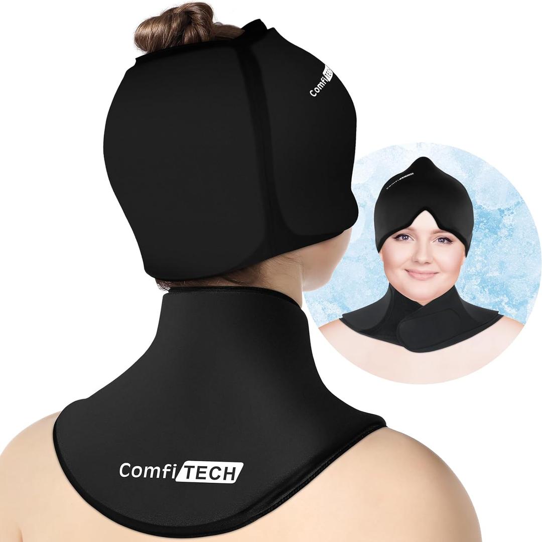 ComfiTECH Cold Cap and Neck Ice Pack Wrap Gel Combo, Care Package for Head and Cervical, Black, Large