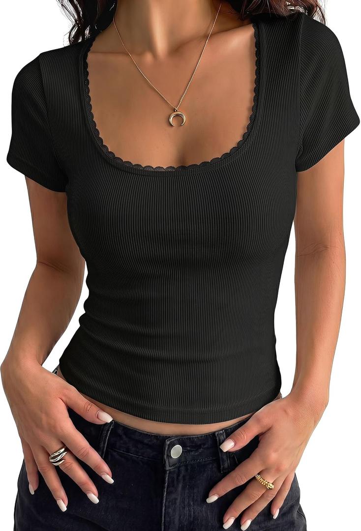 PRETTYGARDEN Women's Short Sleeve Tops 2026 Summer Lace Trim Square Neck Slim Fitted Going Out Basic Tee Shirts Y2K Clothes L
