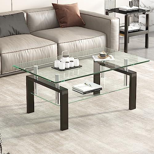 Tempered Glass Coffee Table with Metal Legs Modern Small Coffee Tables for Livingroom (Clear)