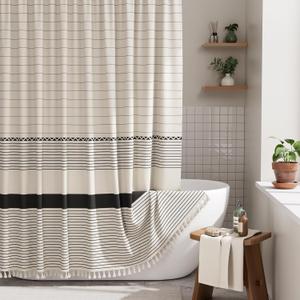 AmazerBath Boho Shower Curtain, Modern Farmhouse Shower Curtain Set with Tassels, Rustic Faux Linen Black Striped Shower Curtain with Hooks, Light Tan Toned, 72x72 Inches