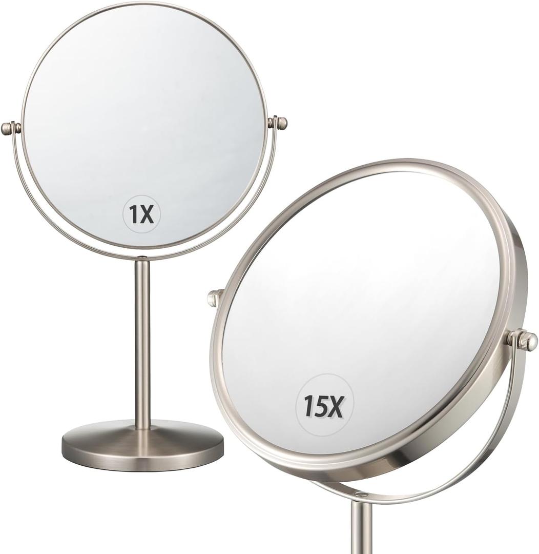 ALHAKIN 1X/15X Magnifying Makeup Mirror, Double Sided Mirror with Stand, Tabletop Desk Mirror 360Rotation for Bathroom, Nickel