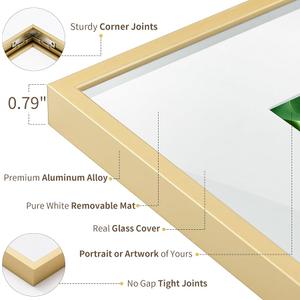 ZLG Gold 18x24 Frame Poster Frame, Premium 18x24 Metal Frame Matted to 16x20 18x24 Picture Frame, Tempered Glass, Wall Hook Included, Set of 1