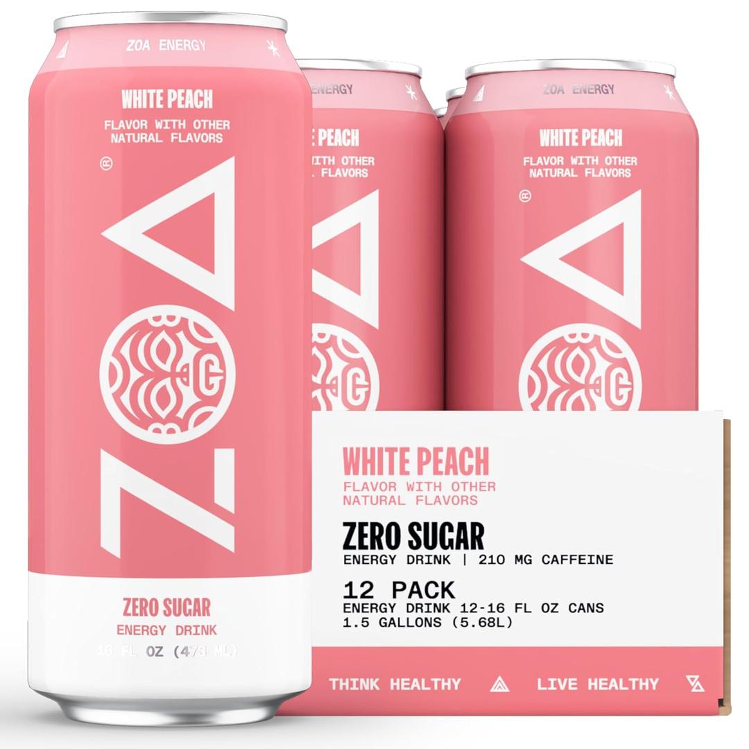 ZOA Zero Sugar Energy Drinks - White Peach | Healthy Energy Formula with Natural Caffeine, Daily Vitamin C, Essential B-Vitamins | Gluten-Free, Keto Friendly | 16 Ounce Cans (Pack Of 12) (EXP 06/04/26)
