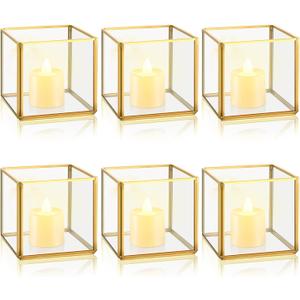 Sliner 6 Set Gold Votive Candle Holders Centerpieces 3.15 x 3.15 Inch Glass Hurricane Wedding Table Decor Gold Terrarium Geometric Lanterns Tealight Candle Holders for Vintage Wedding Table Decoration