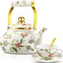Funnymoom 2.6 Quart Vintage Enamel Tea Kettle, Cups and Saucers Set with Spoon, Vintage Porcelain Tea Set Floral Teapot for Party, Gift for Wedding Housewarming