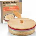 Tortilla Warmer Basket w Removable Insulation Liner, 9.4'' Large Bamboo Tortillas Holder w Wooden Lid - Cotton Warmer Pouch Microwavable, Lightweight & Durable Tortillero For Bread Roti - Shallow (Short)