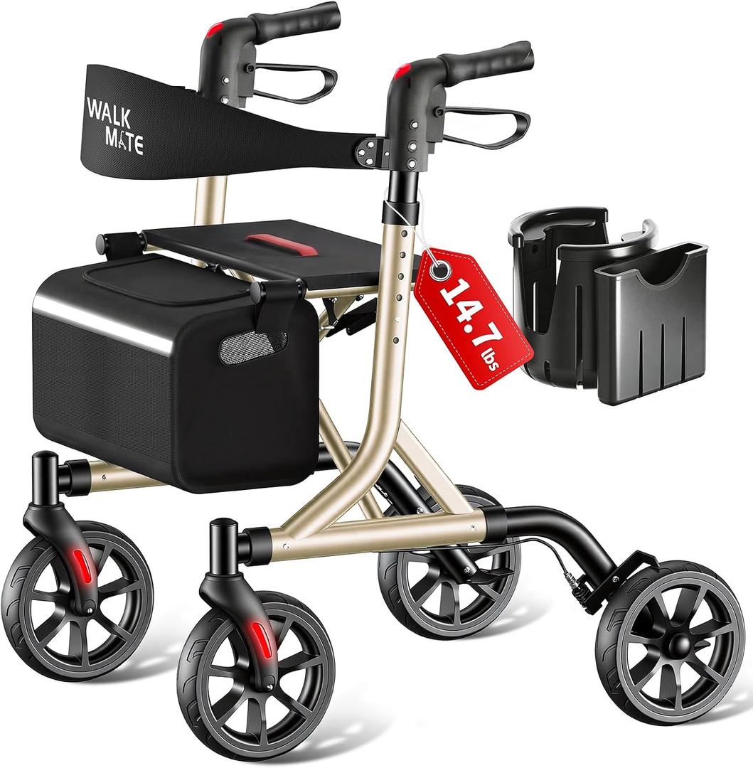 WALK MATE Rollator Walker for Seniors with Cup Holder, Upgraded Thumb Press Button for Height Adjustment, 8 Inch Wheels Walker with Seat Folding 14.7lb Lightweight Walking Aid, 300 lb Capacity, Gold