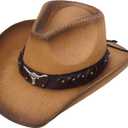 SoJourner Bags Men & Women's Cowboy Cowgirl Hat - Western Hats for Women, Adjustable Cowboy Hat Men with Wide Brim (Brown Longhorn)
