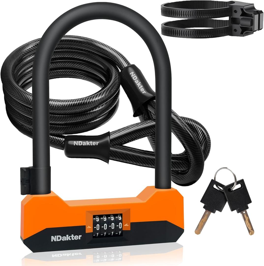 NDakter Bike Locks Heavy Duty Anti Theft, 18mm Bicycle Combo U Lock, 4-Digit Resettable Combination Lock with 5FT Steel Cable and Bracket, for Electric Scooter, Ebike, Motorcycle (Orange)