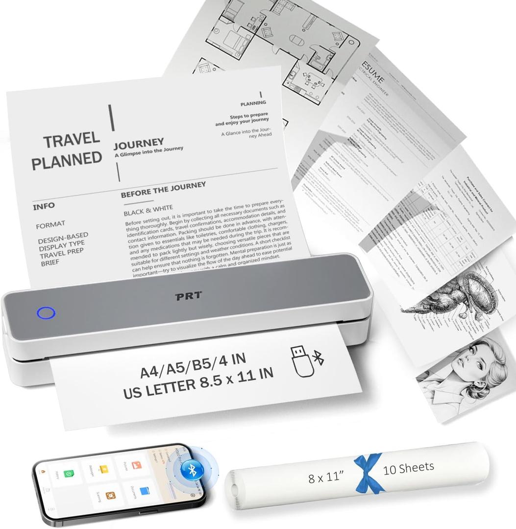 PRT Inkless Portable Printer for Travel, Wireless Thermal Printer Support 8.5 x 11 Inch US Letter A4 B5, Bluetooth Mobile Printers with iOS, Android, Laptop for Home Use, Car, Office, School, Grey