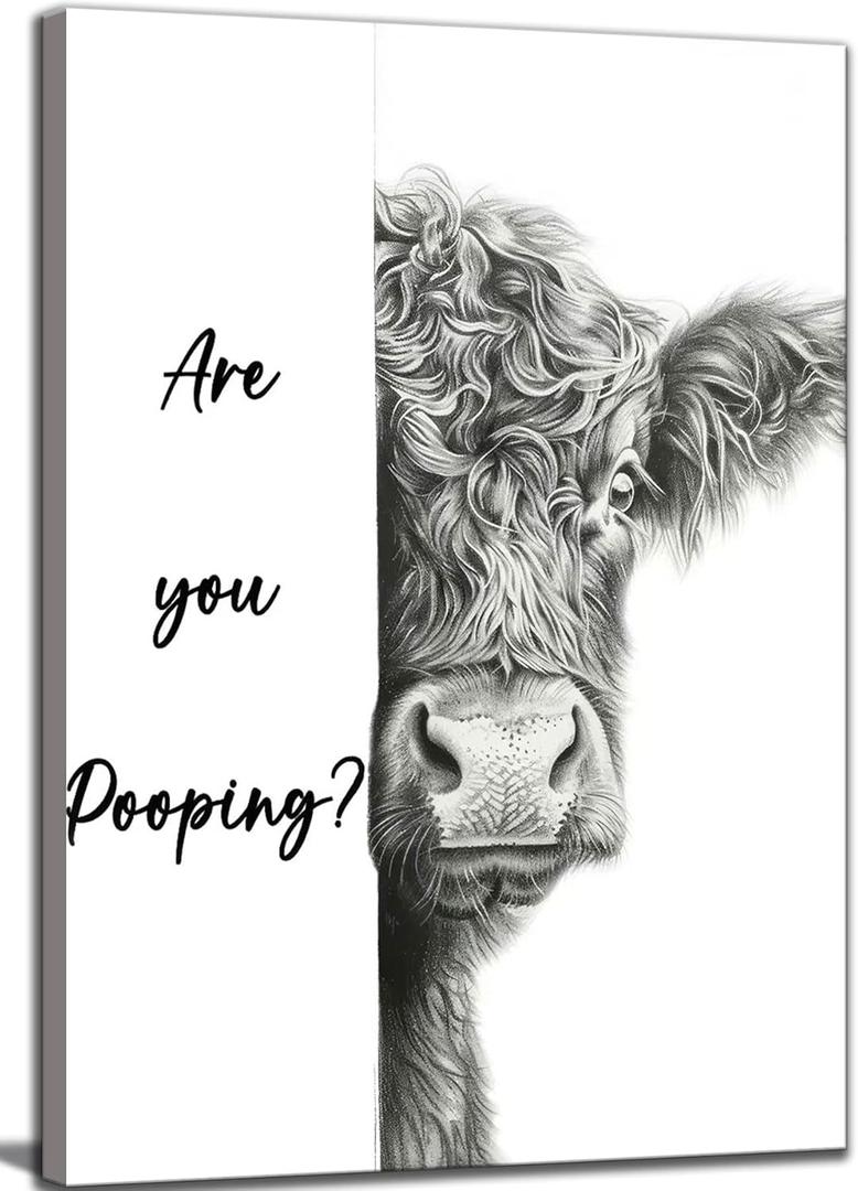 Funny Highland Cow Bathroom Canvas Wall Art Cute Animal Are You Pooping Painting Picture Wall Decor Black White Animal Bathroom Poster Print Artwork for Bedroom Toilet Home Decoration (24"L x 16"W)