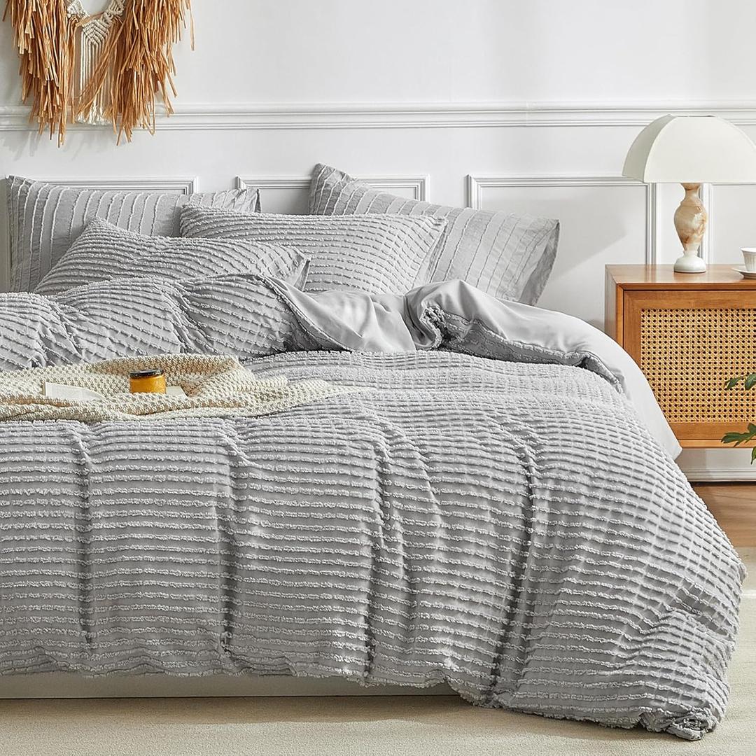WARMDERN Boho Duvet Cover Set Queen Size,Grey Striped Duvet Cover Microfiber Bedding Set,3PCS Ultra Soft Breathable Lightweight Tuft Texture Pattern Duvet Covers with Zipper Closure(Grey,Queen)