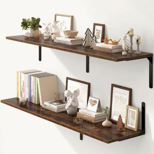 Fun Memories Rustic Brown 12 Inch Deep Floating Shelves Set of 2, Wall Mounted Shelf with Metal Brackets, Rustic Wood Wall Shelf for Bathroom, Kitchen and Living Room, Rustic Brown, 55W x 12D