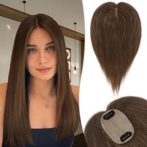 RUWISS Human Hair Topper Crown Topper Hair Pieces for Women Short Wiglet Topper for Thinning Hair 6 * 9CM Silk Base 100% Real Human Hair Clip in Topper 14Inch 33gMedium Brown