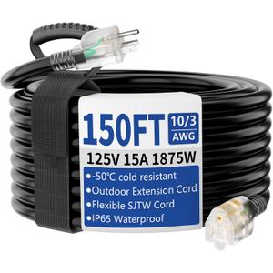 150ft Outdoor/Indoor Extension Cord with Lighted 10/3 Gauge Ultra 3 Prong Heavy Duty SJTW, Waterproof, Flexible Cold-Resistant,15A 125V 1875W, Black