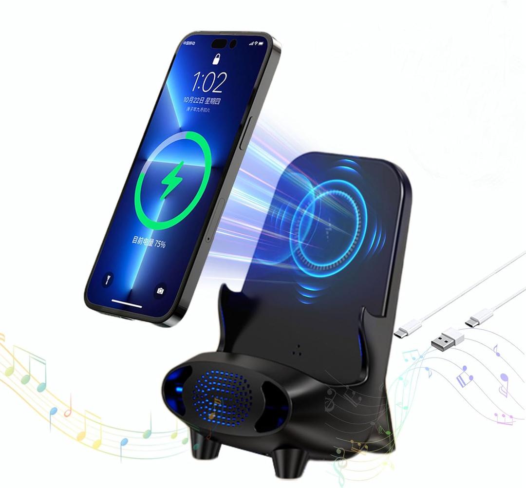 4-in-1 Wireless Charger with Bluetooth Speaker, 15W Qi Certified Fast Charging Wireless Station for iPhone, Pixel, Samsung Galaxy, Phone, LG & More, with Voice Control Night Light, Black