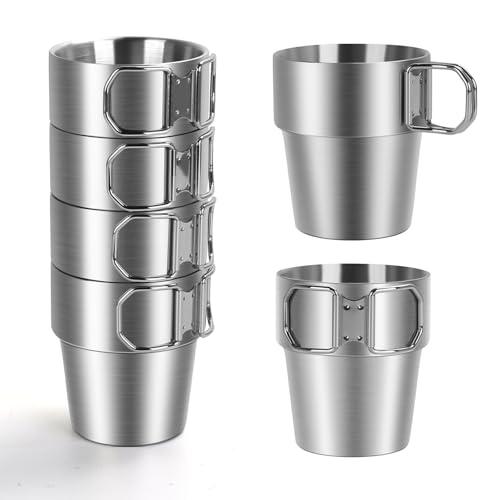 Ftabernam 4-Pack Stainless Steel Camping Cups with Foldable Handle, 10 oz Camping Coffee Mugs with Double Wall Design, Ideal for Outdoor Activities, Travel, and Home Use