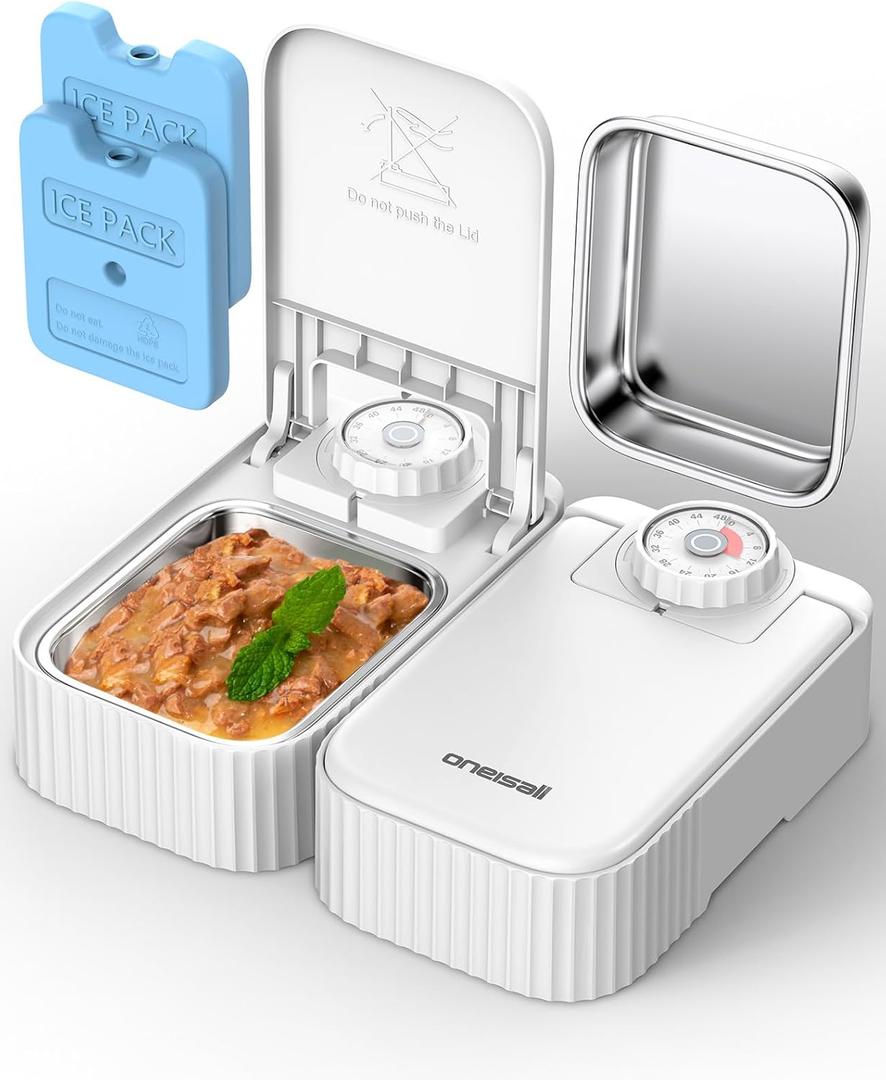 oneisall 2-Meal Automatic Cat Feeder for Wet & Dry Food, Wet Cat Food Dispenser with 2 Ice Packs and Stainless Steel Bowl, Automatic Pet Feeder for Cats and Small Dog with 48H-Timer (Dual Bowl Feeder)