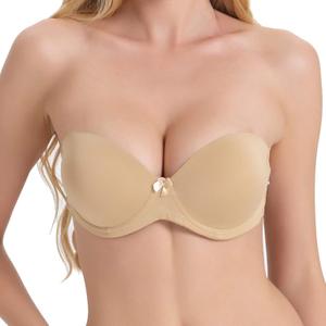 Strapless Clear Back Bra for Backless Wedding Dress Convertible Halter Top Bras with Transparent Invisible Strap (36C, Beige)
