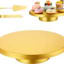 Wenqik 12 Inch Metal Gold Cake Stand with Cake Knife and Spatula, Round Dessert Table Display Stand Metal Dessert Tray Serving Platter for Party, Wedding, Birthday, Baby Shower, Anniversary