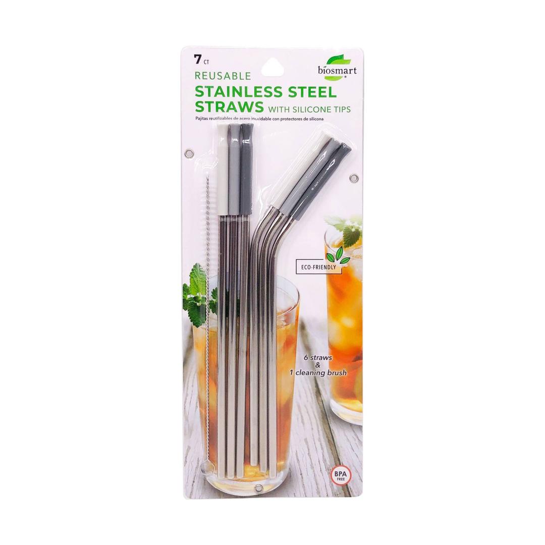 Reusable Stainless Steel Straws With Silicone Tips Eco BPA Free 7 Pcs (Biosmart)