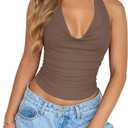 PINKMSTYLE Womens Sexy Halter Cowl Neck Backless Crop Tops Double Layer Ruched Going Out Summer Tank Top (Large, Brown)