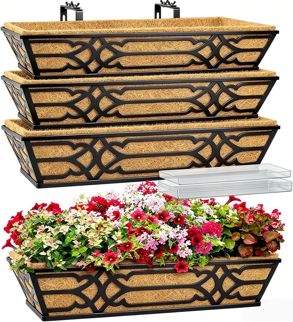 4 Pack 24 Inch Window Boxes Planters with PET Tray and Coco Liner, Metal Railing Planter Boxes for Outdoor Plants, Heavy Duty Hanging Garden Trough for Porch Deck Railing and Backyard Fence