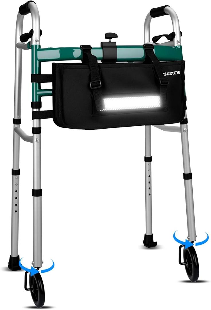 Foldable Walker with 360 Swivel Wheels & Motion Sensor Light, Lightweight Adjustable Height Rolling Walker for Seniors & Adults, Travel-Friendly Walking Frame with Large Storage Bag