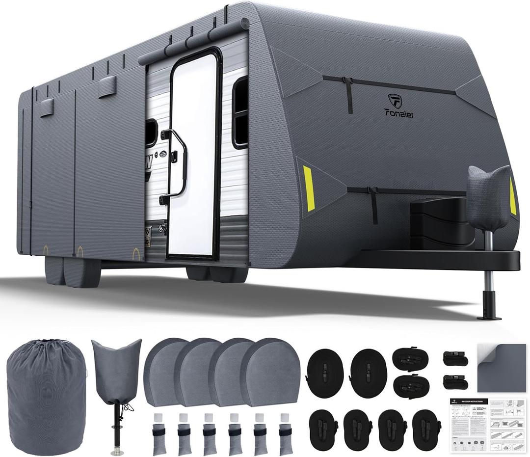 RV Cover 28-31ft: Extra Thick 7 Layers Travel Trailer Cover with 4 Tire Covers, Waterproof Camper Cover, Extra Windproof Ropes, Gutter Cover, Rip-Stop Anti-UV