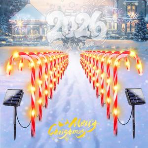 IDEAALS 24-Pack Solar Christmas Candy Cane Lights, Solar Pathway Lights Waterproof, Christmas Decorations Outdoor with 8 Modes for Party Patio Garden Lawn Yard Decor