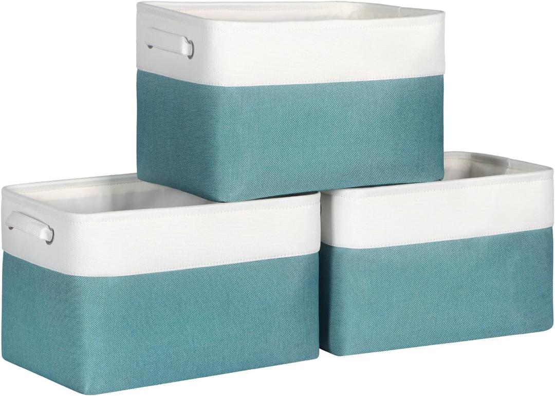 Foldable Storage Bin Collapsible Fabric Storage Basket Cube with Durable Handles Closet Organizer Bins for Organizing Shelves Drawers, Set of 3, 15" x 10" x 9.5", Teal