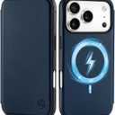 SHIELDON Slim Case Wallet for iPhone 17 Pro 6.3-inch 5G 2025 | Genuine Leather, Wireless Charging, RFID Blocking Credit Card Slot, Magnetic Closure, Flolio Shock Absorbing Cover - Navy Blue