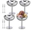 4 Set Ice Cream Cups with Forks, Stainless Steel Footed Bowls 6.7 Oz Serving Dessert Cups Silver Bowl Bulk for Pudding Ice Cream Fruit Summer Party Supplies