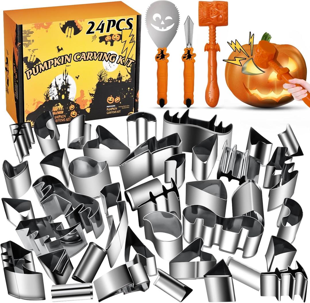 WANNTS Pumpkin Carving Kit Halloween, Safe and Easy Pumpkin Carving Set for Kids, DIY Stainless Steel Pumpkin Carving Tools for Halloween Decoration Jack-O-Lanterns, Gift for Halloween(With Hammer)