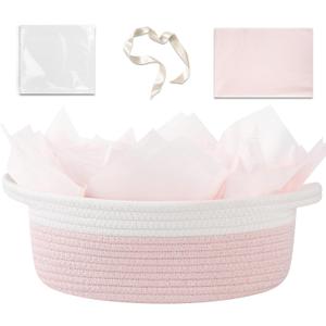 OIAHOMY Gift Basket Empty with Handle, 12"x 8"x 5" Small Woven Basket with Gift Bag, Ribbon and Wrap Tissue Paper, Dog Toy Storage for Organizing - Pink & White