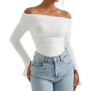 OMKAGI Women Long Sleeve Tops Boat Neck Off Shoulder Shirts Fitted Going Out Y2K Crop Top (X-Small, White)