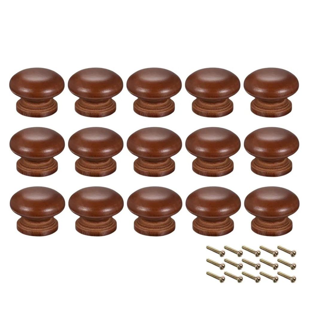 Round Wood Knobs,8Pcs 35mm Dia Cabinet Furniture Kitchen Pull Handle for Cupboard Table, Dark Red