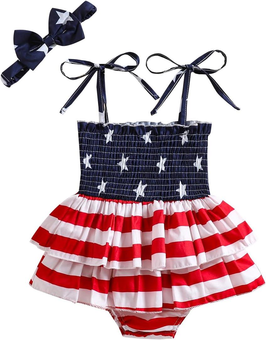 Noubeau Toddler Baby Girl 4th of July Dresses Independence Day Outfit Kid American Flag Stars Stripes Patriotic Dress Clothes
