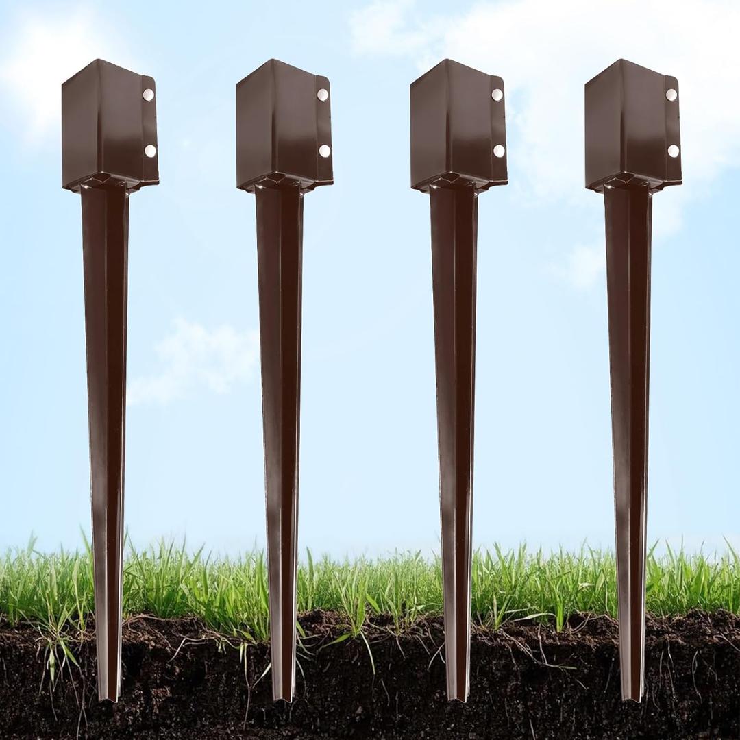 Thealyn Heavy Duty Metal Fence Post Anchor 36 Inch, 4"x4" Ground Spike with Dark Brown Powder Coating, Fence Post Base for Mailbox, Deck Railing, Gazebo, (3.5"x3.5" Inner Diameter), Pack of 4