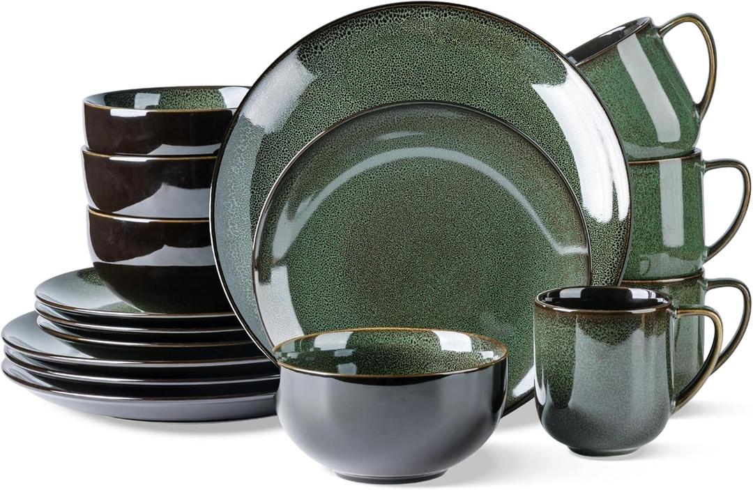 LERATIO Ceramic Dinnerware Sets for 4,16-Piece Reactive Glaze Plates and Bowls Set with Mugs,Highly Chip and Crack Resistant | Dishwasher,Microwave & Oven Safe Dishes set-Green (Dreamy Moonlight-Green)