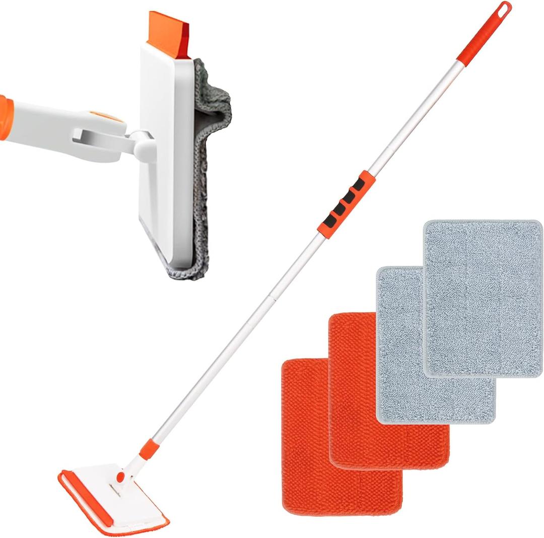 Qaestfy Wall & Baseboard Cleaner Mop Tool with 49'' Long Handle for Cleaning Window Floor Skirting Board Ceiling Bathtub Tub Tile Scrubber Brush Duster with 4 Reusable Pads (orange)