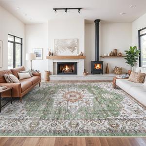 RUUGME Living Room 10x14 Area Rugs - Washable Lightweight Area Rug Stain Resistant Carpet Vintage Soft Rugs for Bedroom with Non Slip Backing Indoor Ultra-Thin Rugs Home Decor 10x14 Sage/Green
