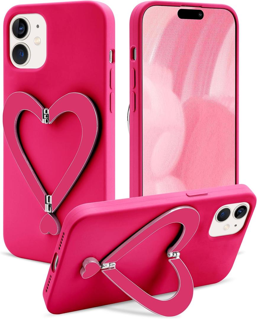 Jusy Case for iPhone 13, Cute Heart with 3D Heart Stand Slim Fit Liquid Silicone Soft Anti-Scratch Microfiber Lining Shockproof Protective Phone Cover for Girly Women Case - Hot Pink