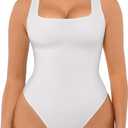 FeelinGirl Bodysuits for Women Seamless Square Neck Tummy Control Compression Thong Shapewear Bodysuit Tank Tops Bodysuit (X-Small-Small, White)