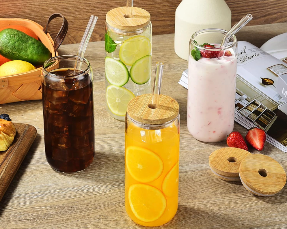 20 Oz Drinking Glasses with Bamboo Lids and Glass Straw - 4 Pcs Glass Cups Beer Ice Coffee Glasses Cute Aesthetic Cup Great for Coffee Bar Accessories Include 2 Cleaning Brushes