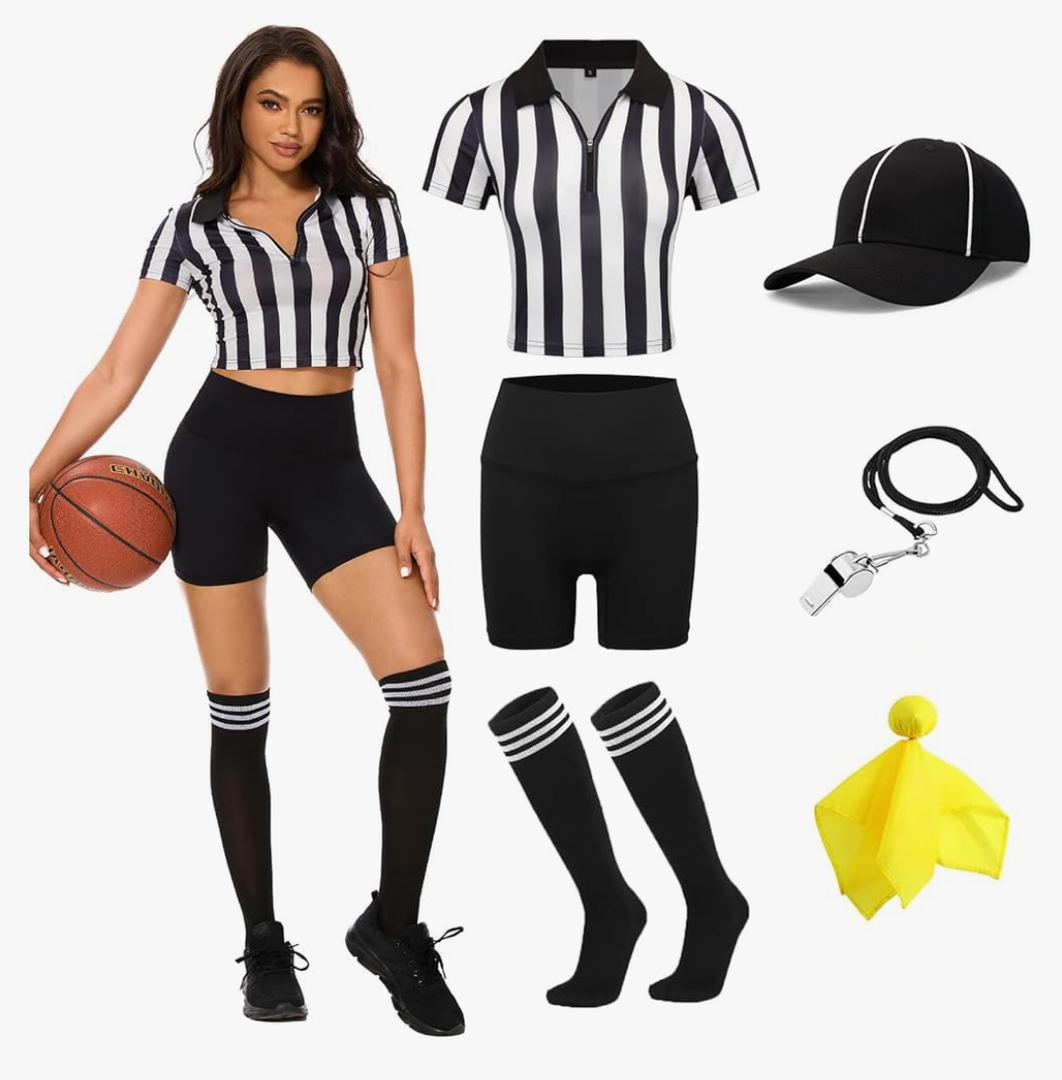 redgino 6 Pcs Women Referee Costume Set Crop Top Sexy Zipper Ref Shirt Shorts Hat Socks Whistle for Football Halloween Party, Small