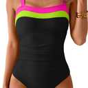 Women's Ribbed One Piece Swimsuits Color Block Tummy Control Bathing Suit Slimming 1 Piece Swimwear (Large, Black-green-pink)