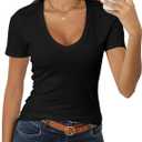 Roselux Women Short Sleeve Deep V Neck Tops Shirts Fitted Cotton Summer Tshirt Tee (Black, S)