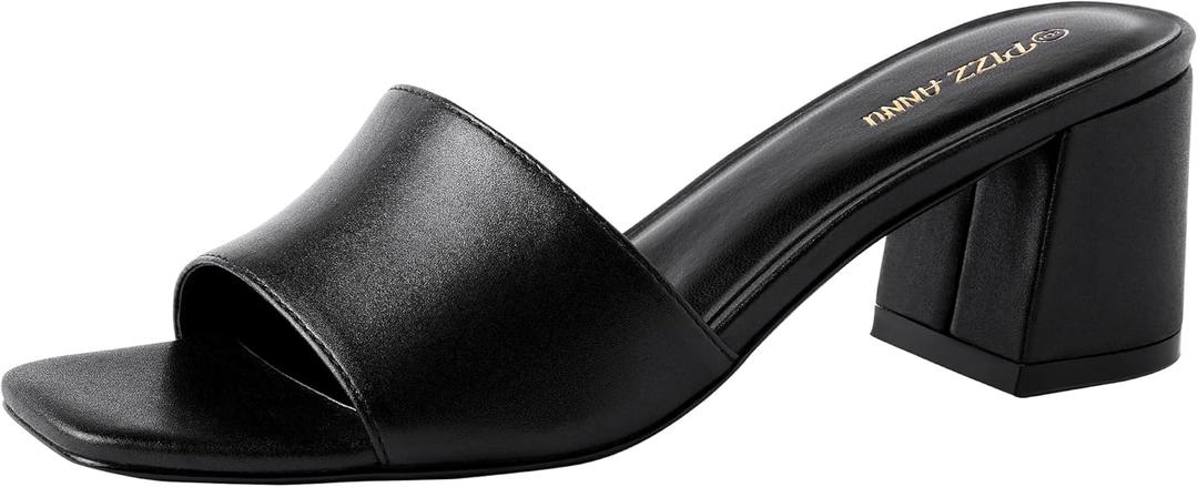PIZZ ANNU Women's Square Open Toe Heels Sandals Low Block Chunky Heeled Sandal Slip on Mules Comfortable Casual Dress Pumps Shoes, Black US 7