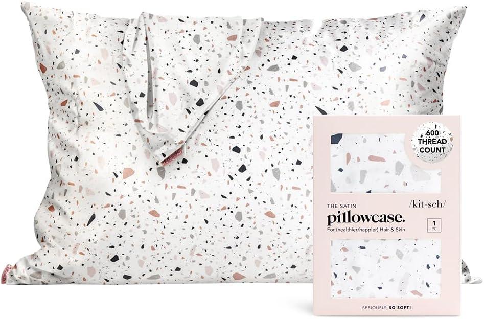 Kitsch Satin Pillowcase with Zipper for Hair & Skin, Softer Than Silk Pillow Cases Queen, Wrinkle-Free, Smooth and Cooling Satin Pillow Covers, Standard Size 19"x26", White Terrazzo